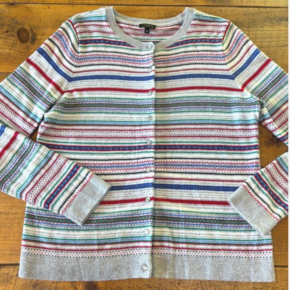 Talbots Womens Fair Isle Nordic Button Closure Lambs Wool Blend Cardigan LP